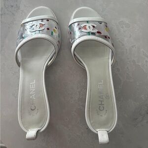 Chanel White and Multicolor Slide Sandals